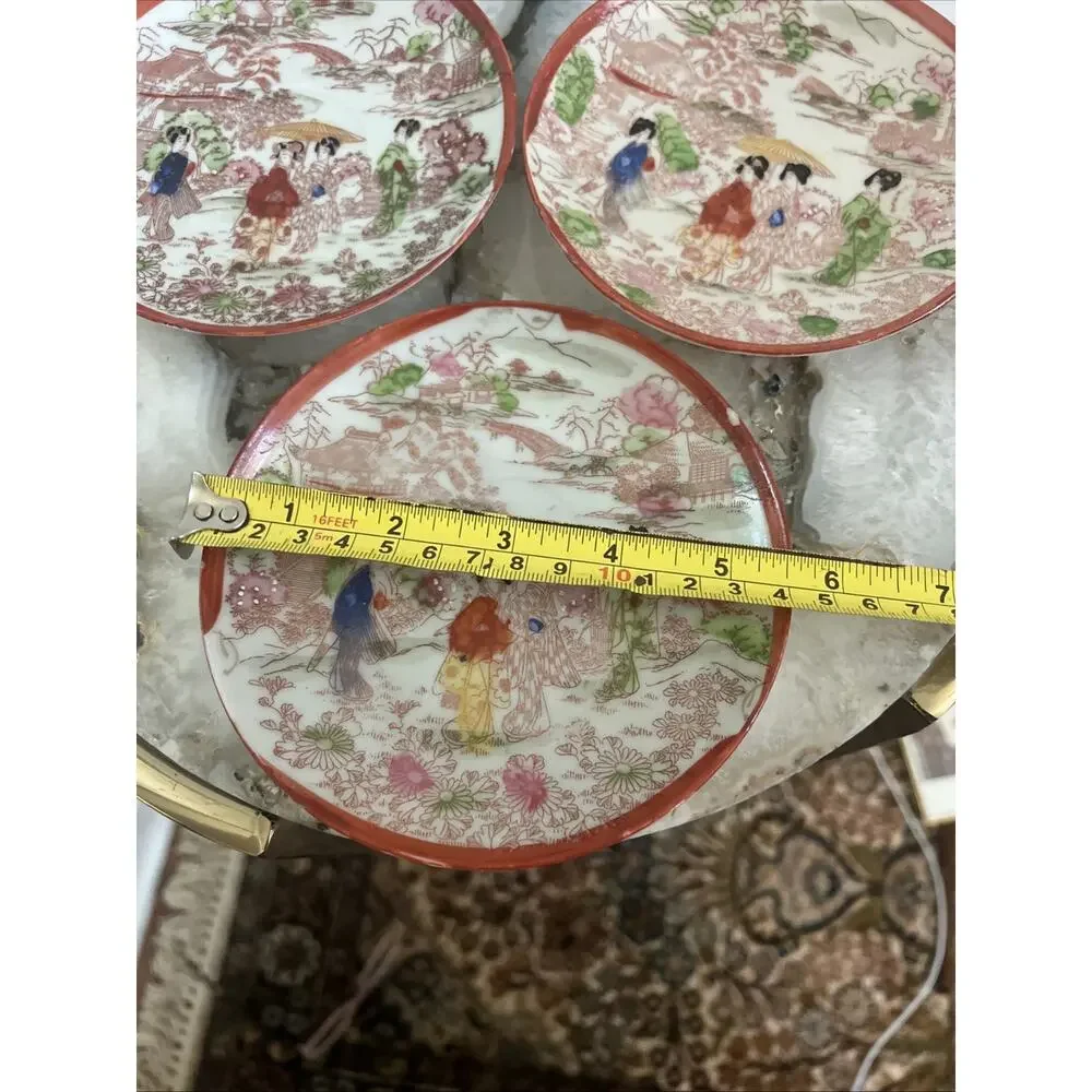 Set Of 3 Vtg Japanese Kutani Porcelain Geisha Saucer Plates Hand Painted 5.5”